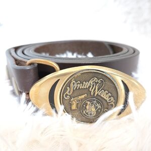 Smith & Wesson Brown Leather Belt with Gold Buckle